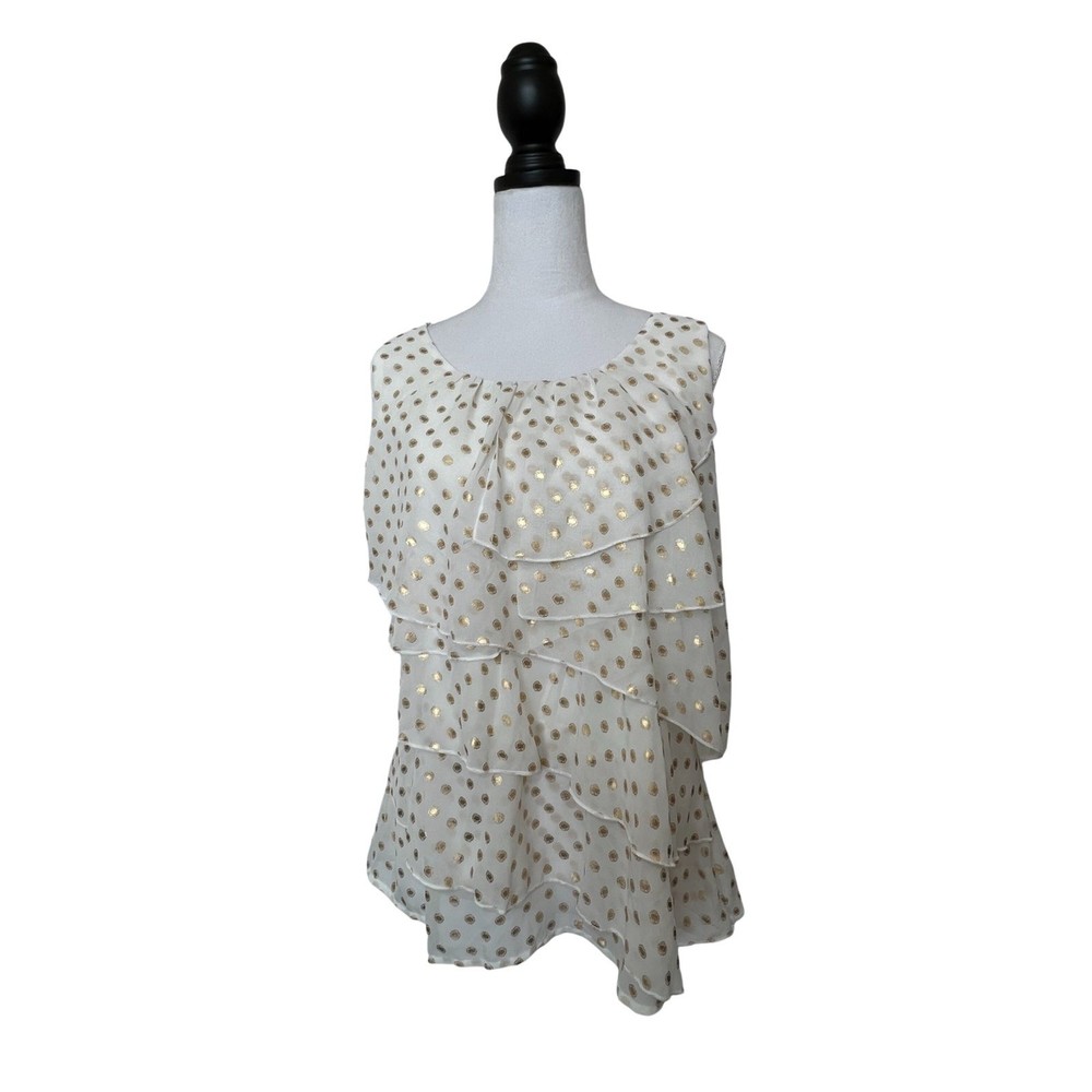 Dressbarn‎ tank top with ruffles and gold polka dots